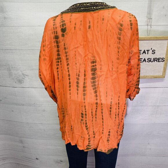 Michael Kors Switzerland Orange Brown Sheer Embellished V Neck Tunic Top Size S - Picture 6 of 16